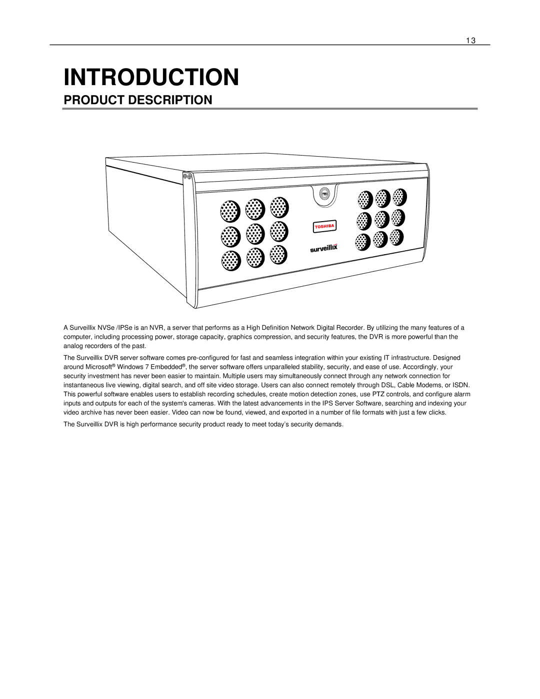 Toshiba IPSe8-X, Network Video Recorder, NVSe32-X, NVSe16-X, NVSe8-X, IPSe32-X, IPSe16-X manual Introduction, Product Description 