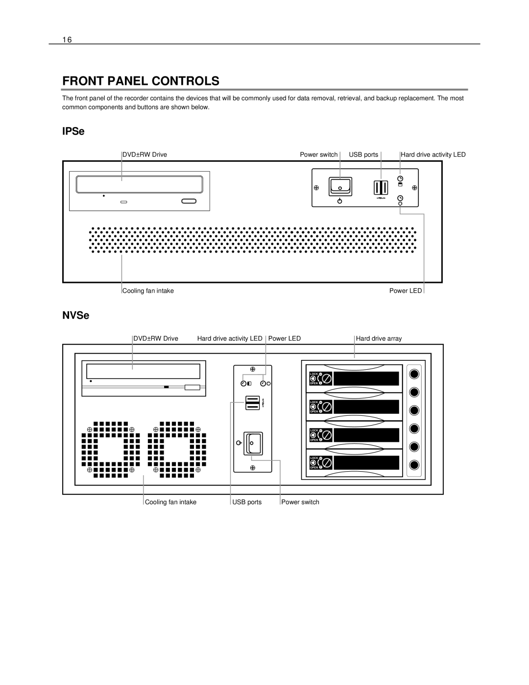 Toshiba NVSe16-X, Network Video Recorder, NVSe32-X, NVSe8-X, IPSe32-X, IPSe16-X, IPSe8-X manual Front Panel Controls 