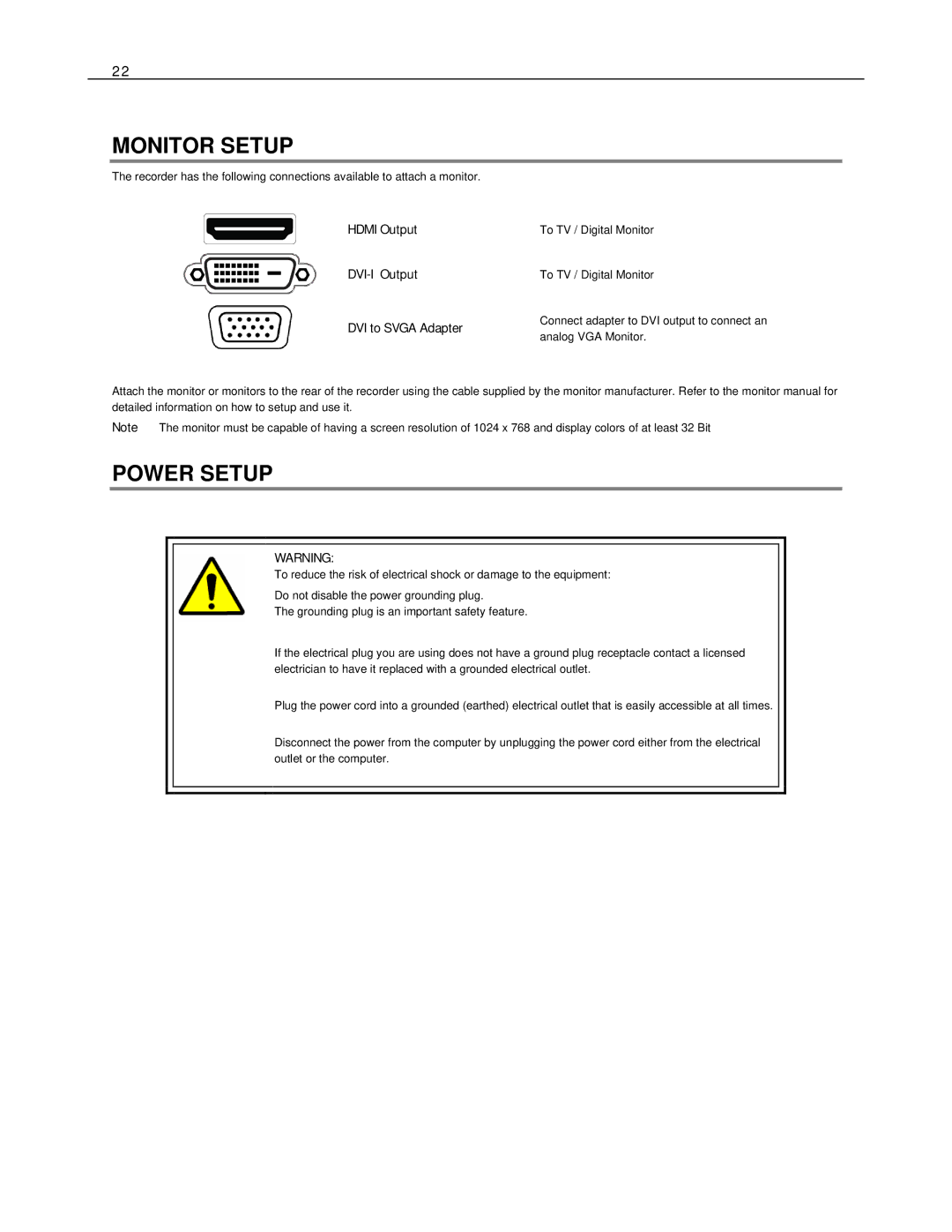 Toshiba NVSe32-X, Network Video Recorder, NVSe16-X, NVSe8-X, IPSe32-X, IPSe16-X, IPSe8-X manual Monitor Setup, Power Setup 