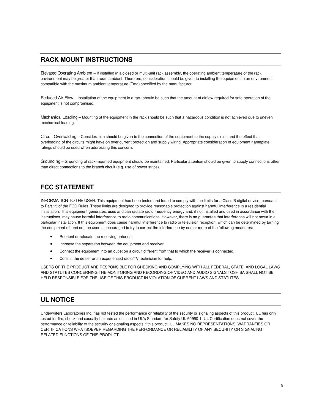 Toshiba NVSe16-X, Network Video Recorder, NVSe32-X, NVSe8-X, IPSe32-X manual Rack Mount Instructions, FCC Statement, UL Notice 