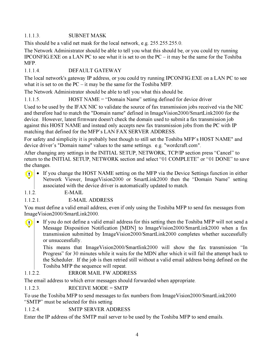 Toshiba Network Viewer Default Gateway, Mail Address, Error Mail FW Address, Receive Mode = Smtp, Smtp Server Address 