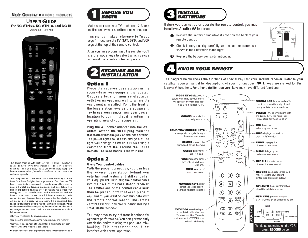 Toshiba NG-ATH33, NG-ATH18, NG-IR manual Before YOU Begin, Receiver Base Installation Install Batteries, Know Your Remote 