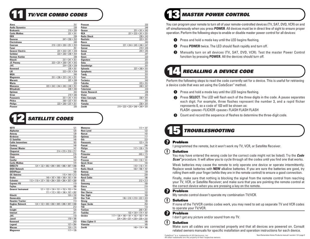 Toshiba NG-ATH33 11 TV/VCR Combo Codes Master Power Control, Recalling a Device Code, Satellite Codes, Troubleshooting 