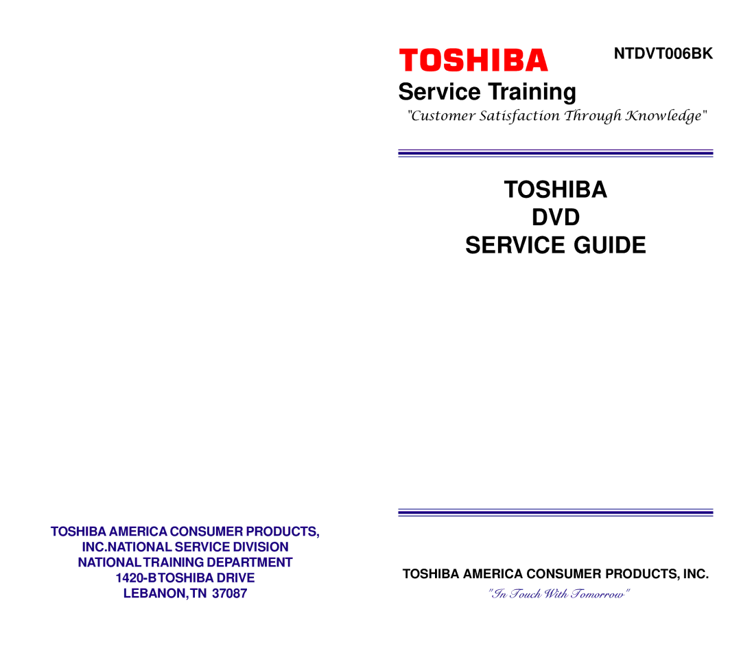 Toshiba NTDVT006BK manual Toshiba DVD Service Guide 