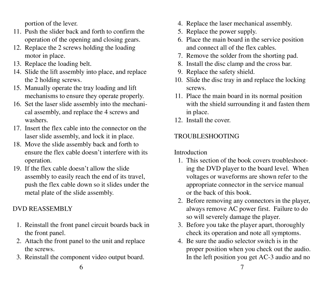 Toshiba NTDVT006BK manual DVD Reassembly, Troubleshooting 