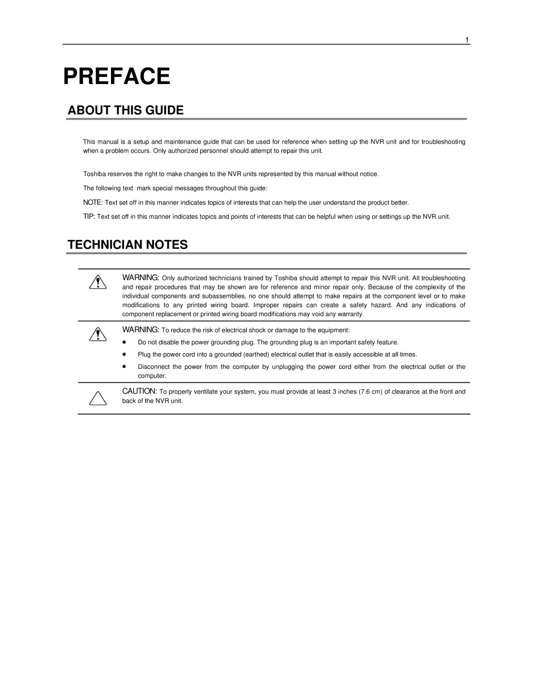 Toshiba NVR16-X, NVR8-X manual Preface, About this Guide, Technician Notes 