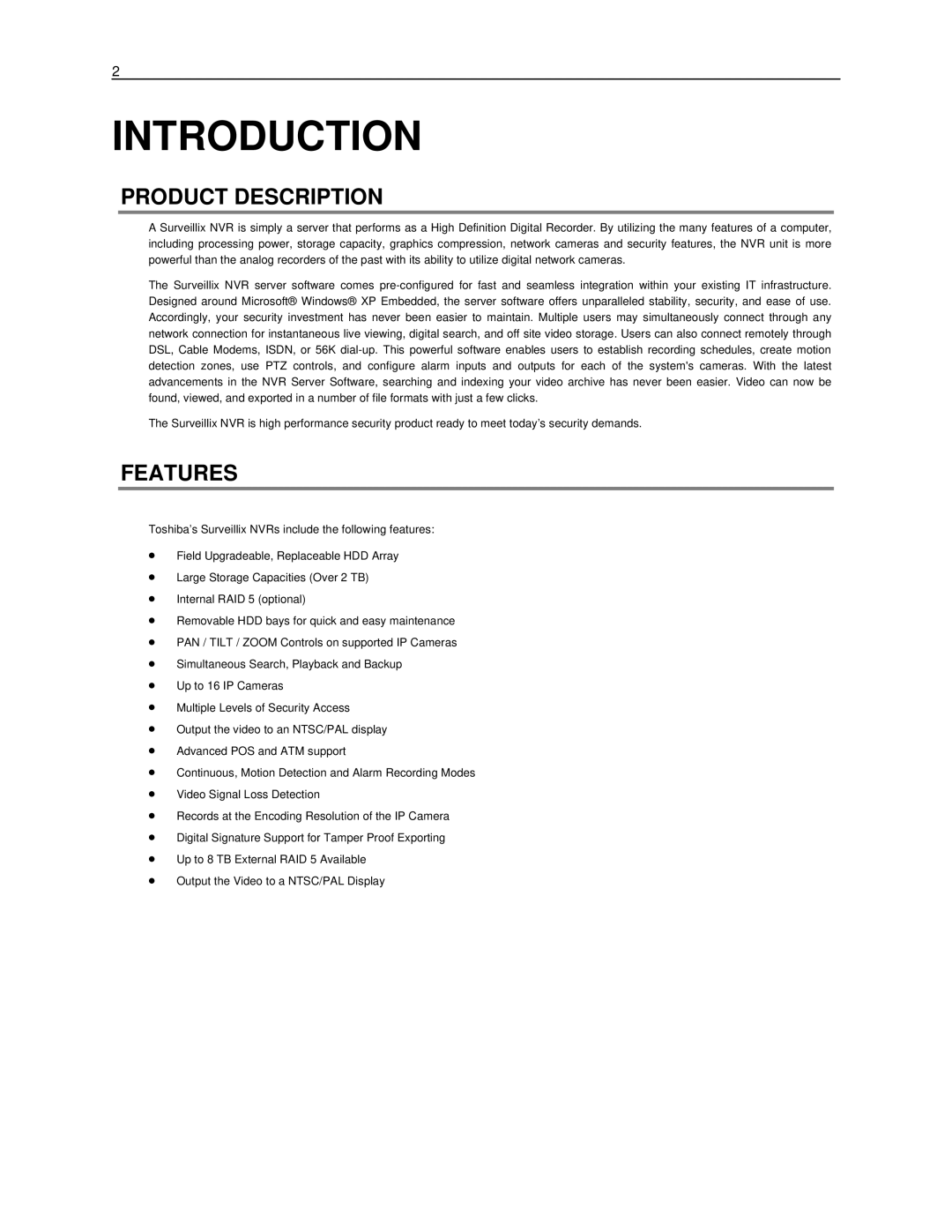 Toshiba NVR8-X, NVR16-X manual Introduction, Product Description, Features 