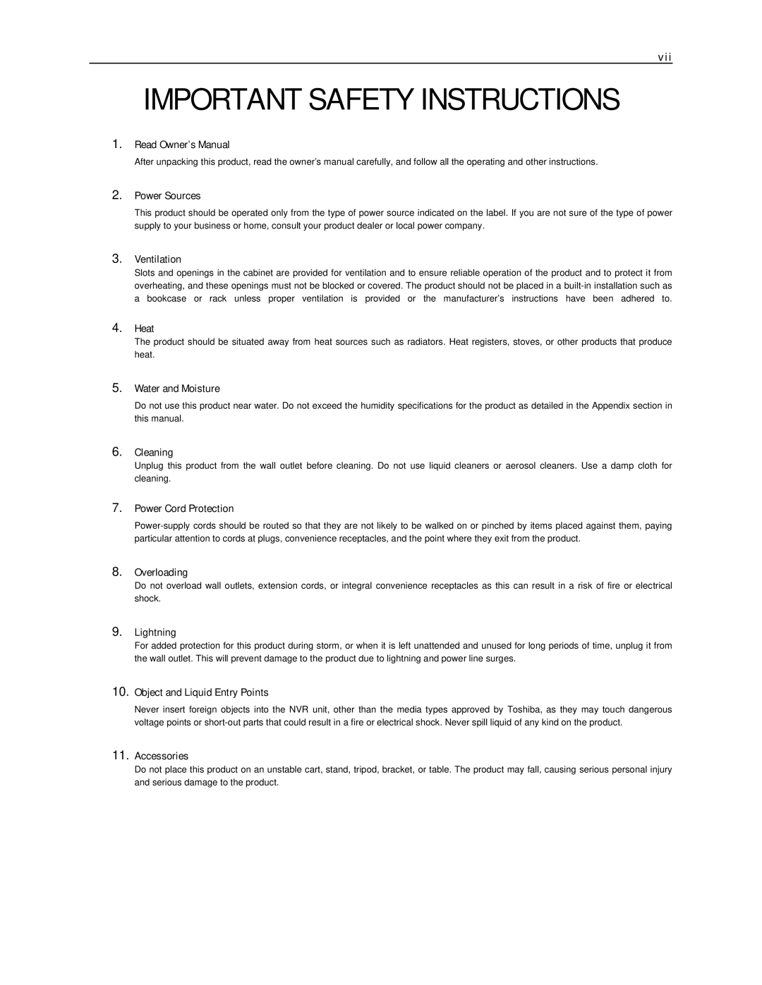 Toshiba NVR16-X, NVR8-X manual Important Safety Instructions 