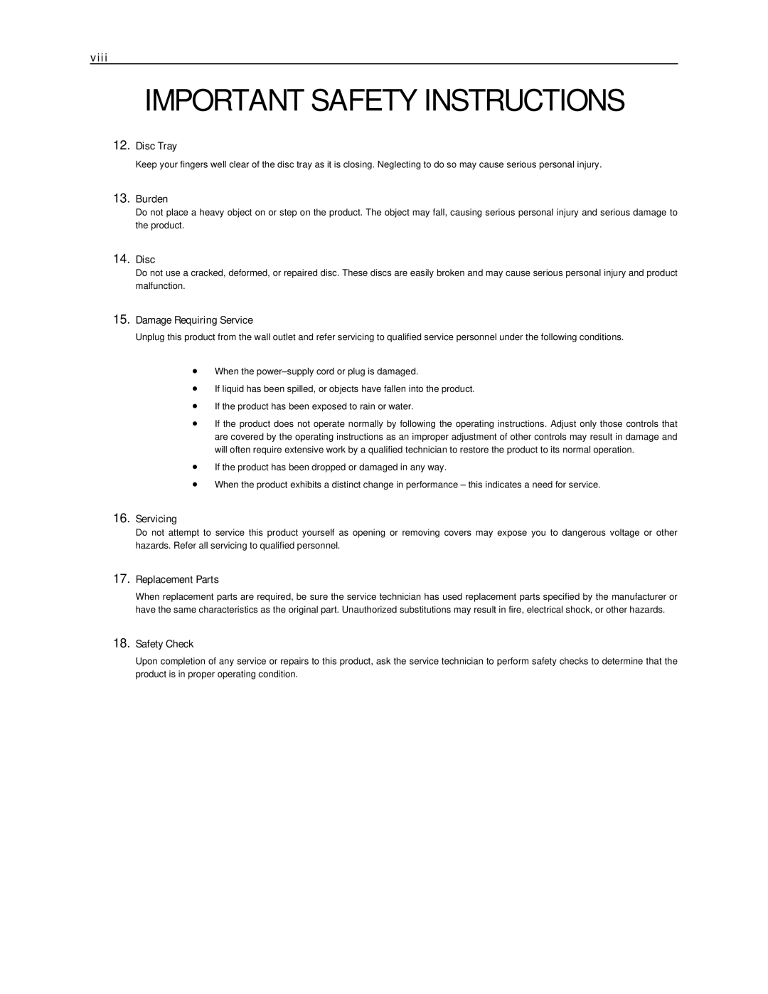 Toshiba NVR8-X, NVR16-X manual Viii, Disc Tray, Burden, Damage Requiring Service, Servicing, Replacement Parts, Safety Check 