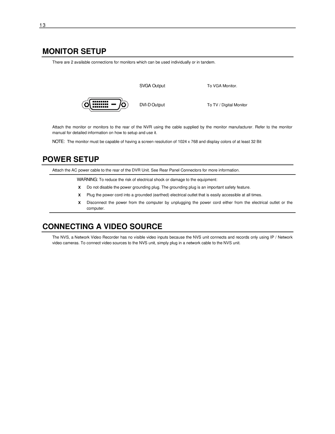 Toshiba NVS manual Monitor Setup, Power Setup, Connecting a Video Source 