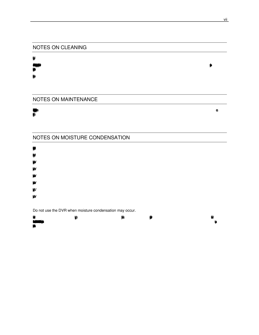 Toshiba NVS manual Vii, Do not use the DVR when moisture condensation may occur 