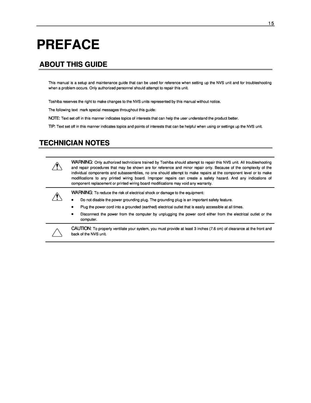 Toshiba NVS32-X, NVS16-X, NVS8-X user manual Preface, About This Guide, Technician Notes 