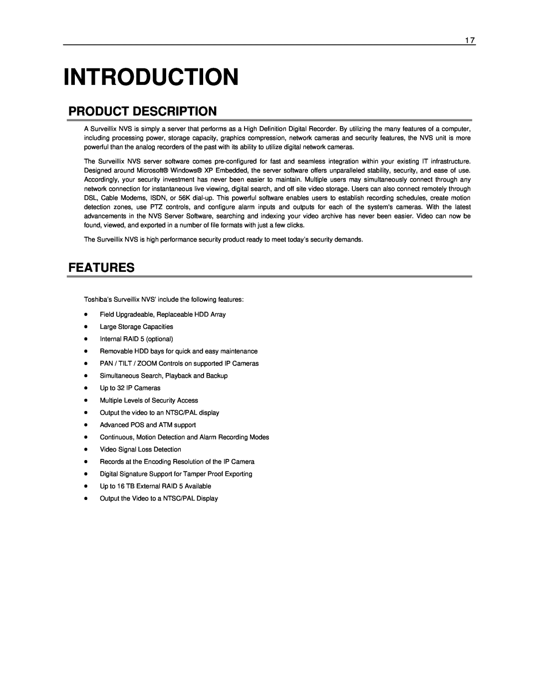 Toshiba NVS8-X, NVS32-X, NVS16-X user manual Introduction, Product Description, Features 