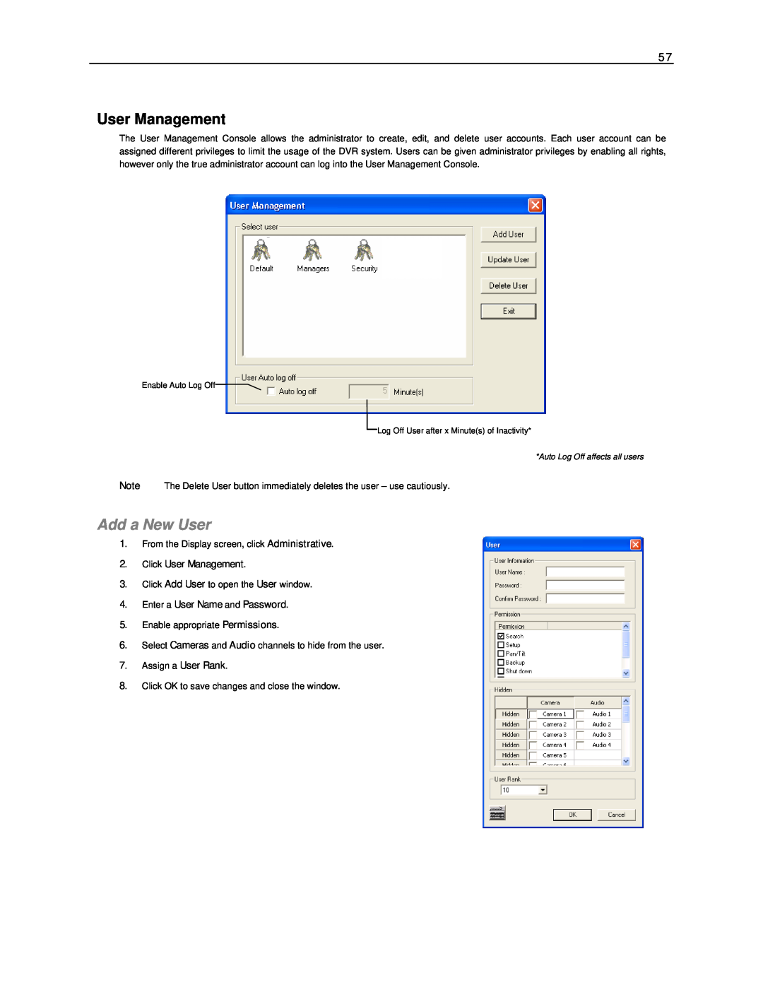 Toshiba NVS32-X, NVS16-X, NVS8-X user manual Add a New User, Click User Management, Enter a User Name and Password 