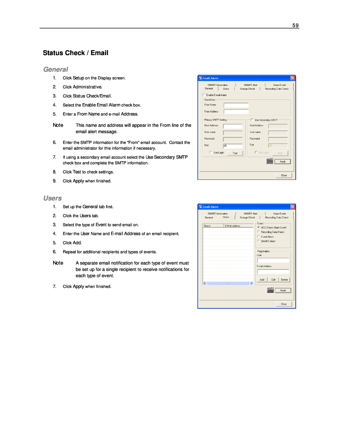 Toshiba NVS8-X, NVS32-X, NVS16-X user manual Status Check / Email, General, Users 