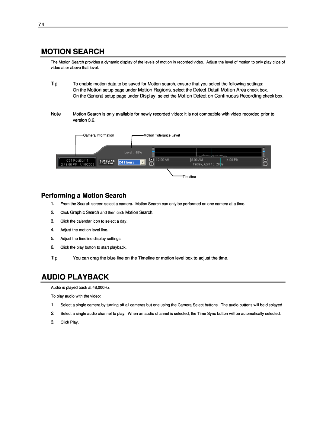 Toshiba NVS8-X, NVS32-X, NVS16-X user manual Audio Playback, Performing a Motion Search 