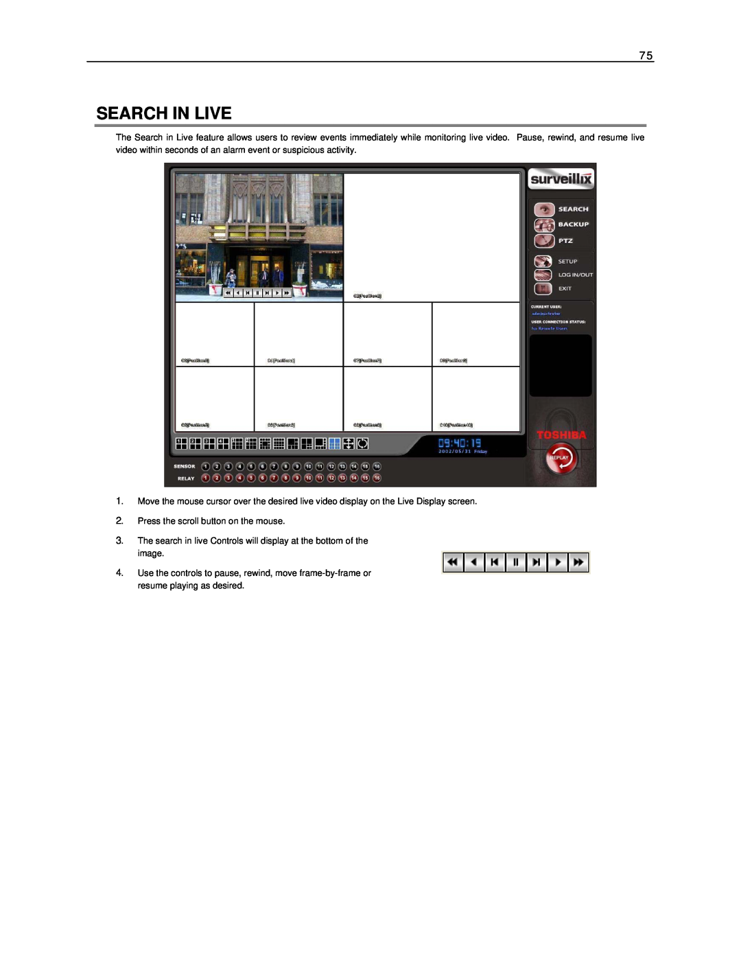 Toshiba NVS32-X, NVS16-X, NVS8-X user manual Search In Live 