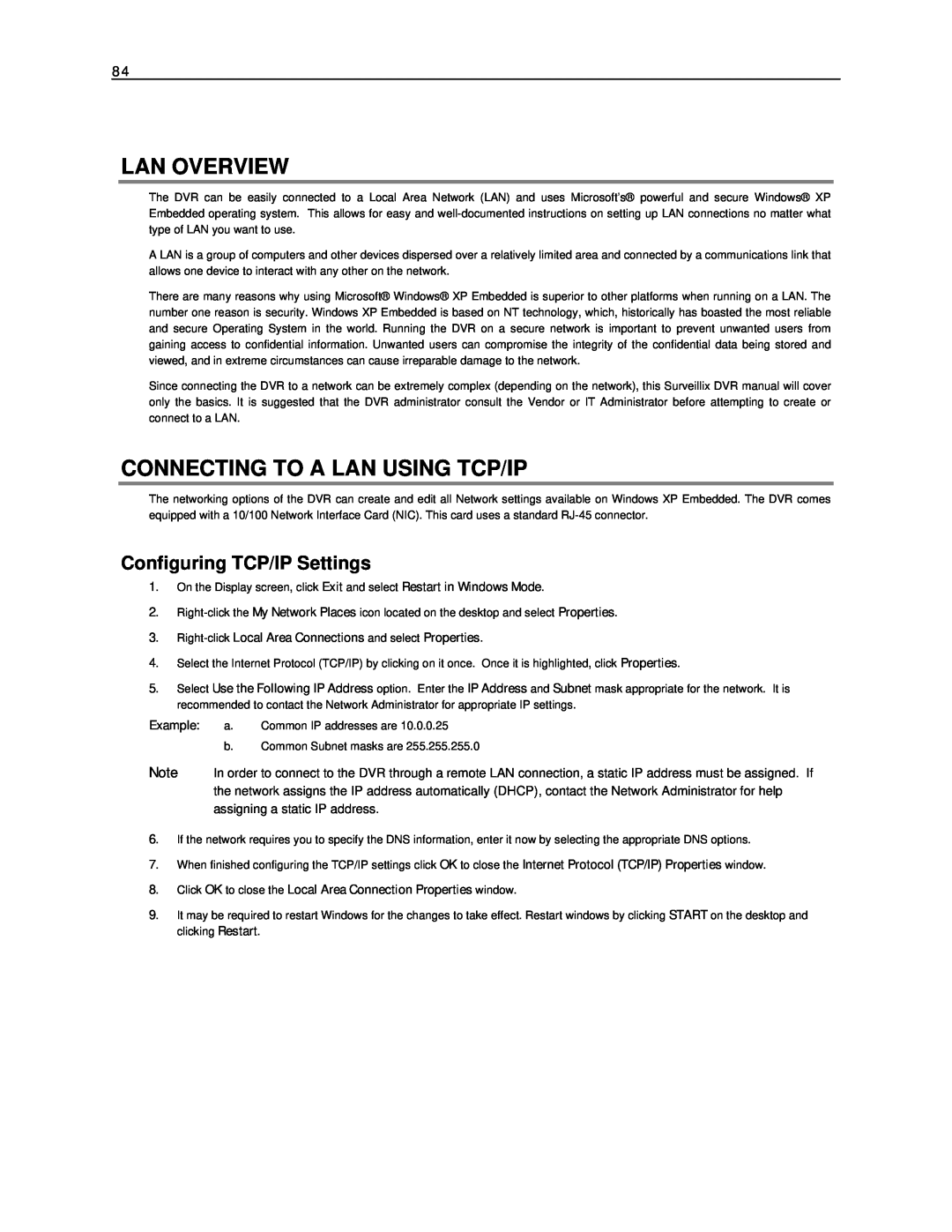 Toshiba NVS32-X, NVS16-X, NVS8-X user manual Lan Overview, Connecting To A Lan Using Tcp/Ip, Configuring TCP/IP Settings 