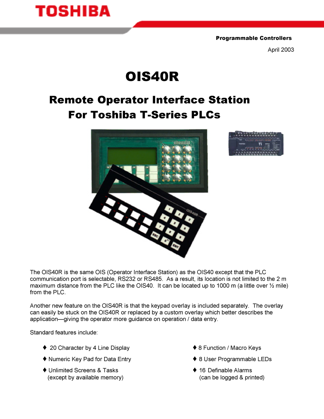 Toshiba OIS40R manual Remote Operator Interface Station For Toshiba T-Series PLCs, Programmable Controllers 