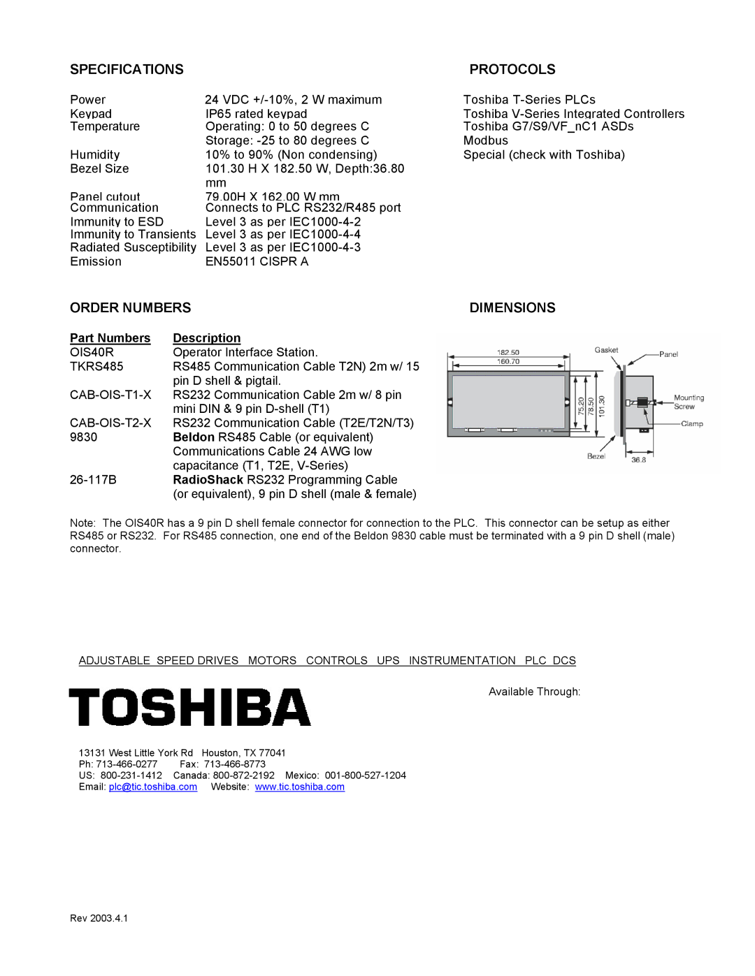 Toshiba OIS40R manual Specifications Protocols, Order Numbers, Dimensions, Part Numbers Description 