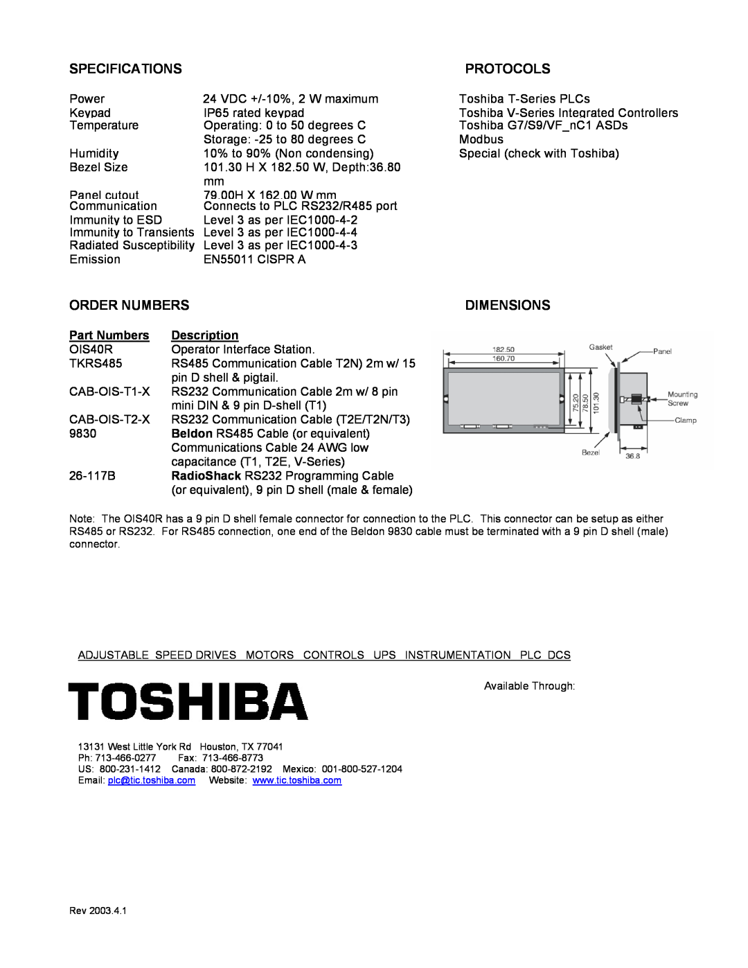 Toshiba OIS40R manual Specifications, Protocols, Order Numbers, Dimensions, Part Numbers, Description 
