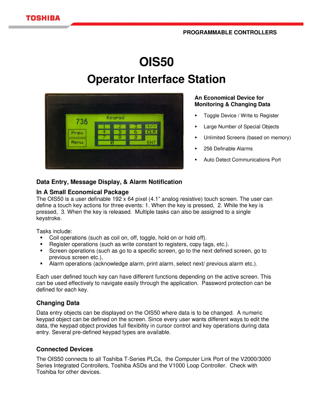 Toshiba OIS50 manual Operator Interface Station, Changing Data, Connected Devices 