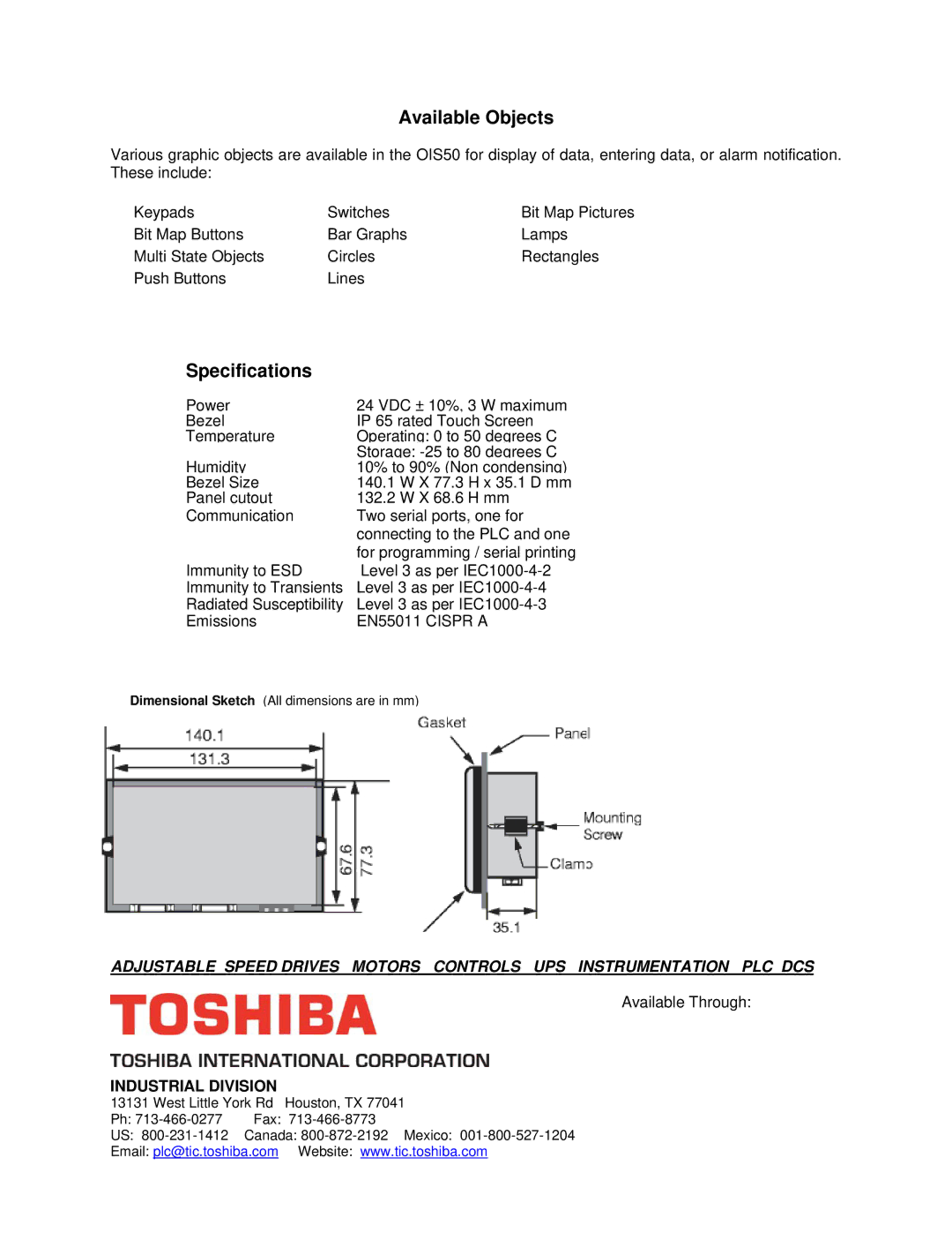 Toshiba OIS50 manual Available Objects, Specifications, Industrial Division 