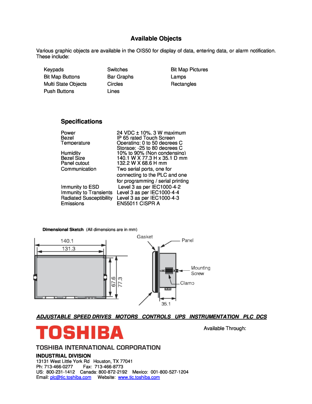 Toshiba OIS50 manual Available Objects, Specifications, Adjustable Speed Drives Motors Controls Ups Instrumentation Plc Dcs 