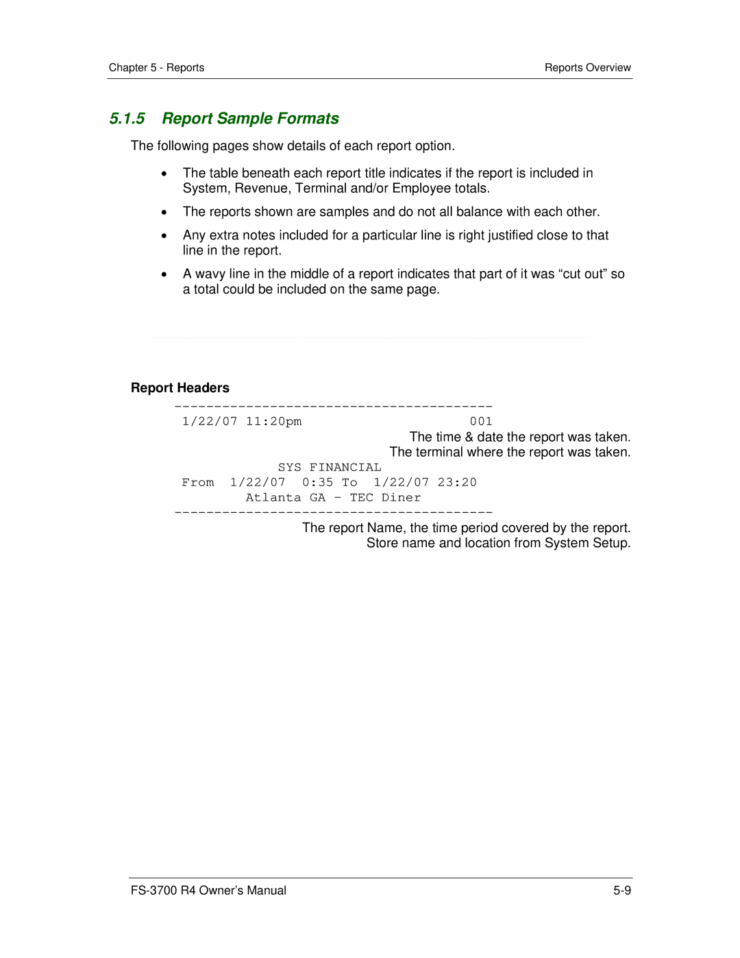 Toshiba FS-3700 R4 Series, OM-3700 owner manual Report Sample Formats, Report Headers, 22/07 1120pm 001, SYS Financial 