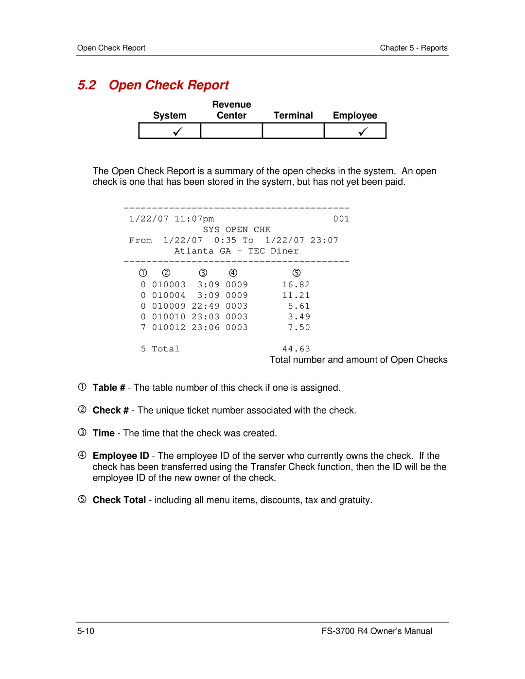 Toshiba OM-3700, FS-3700 R4 Series owner manual Open Check Report, Revenue System Center Terminal Employee, SYS Open CHK 