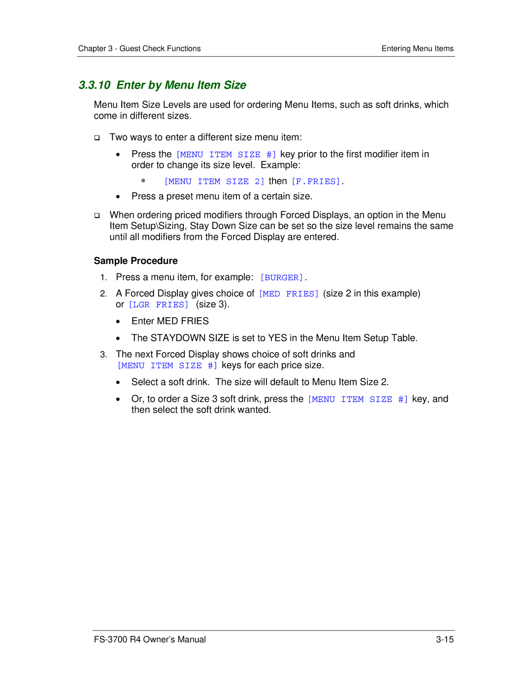 Toshiba FS-3700 R4 Series, OM-3700 owner manual Enter by Menu Item Size,  Menu Item Size 2 then F.FRIES, Sample Procedure 