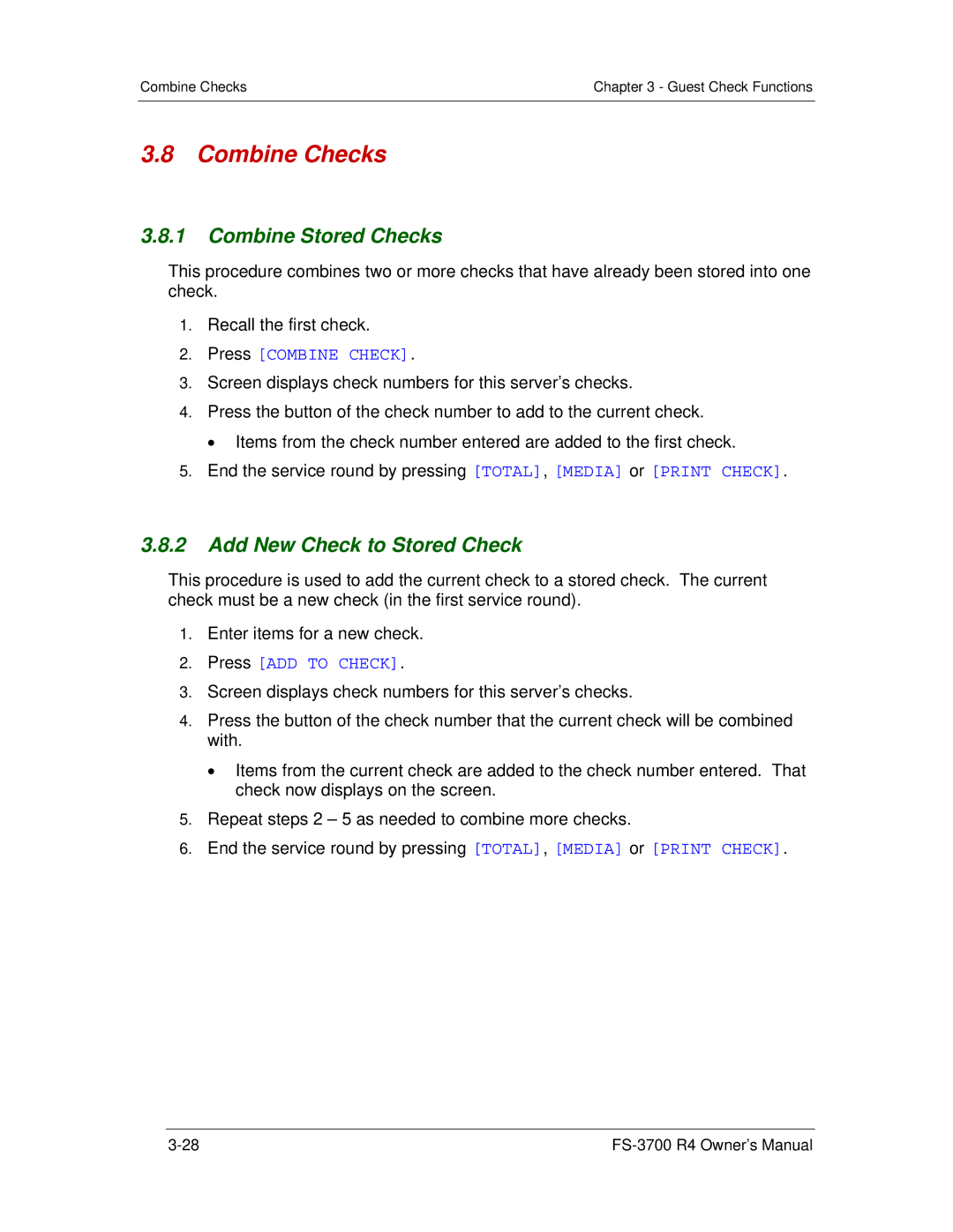 Toshiba OM-3700 owner manual Combine Checks, Combine Stored Checks, Add New Check to Stored Check, Press Combine Check 