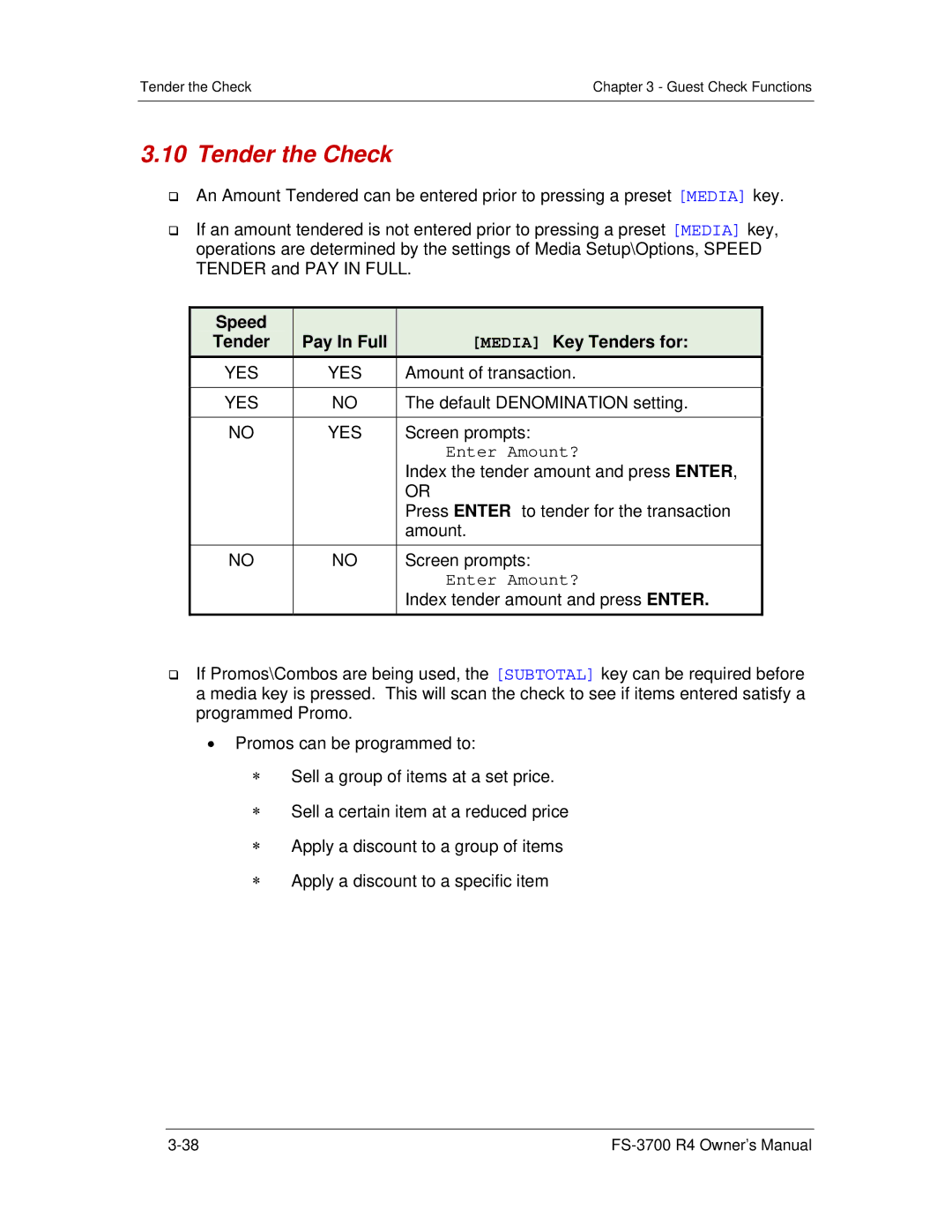 Toshiba OM-3700, FS-3700 R4 Series Tender the Check, Speed Tender Pay In Full Media Key Tenders for, Enter Amount? 