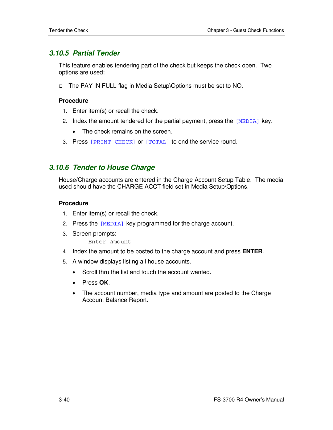 Toshiba OM-3700, FS-3700 R4 Series owner manual Partial Tender, Tender to House Charge, Enter amount 