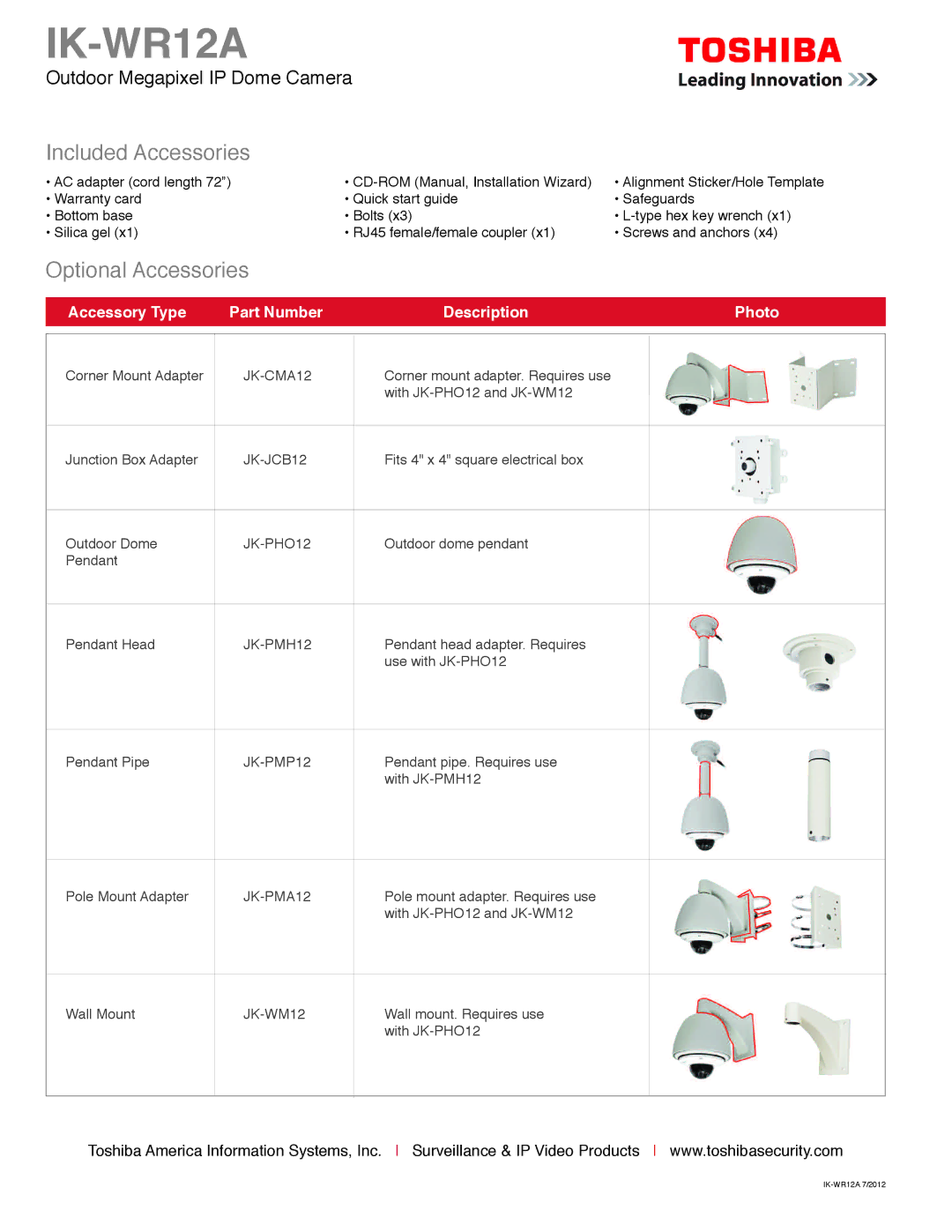 Toshiba Outdoor Megapixel IP Dome Camera warranty IK-WR12A, Included Accessories, Optional Accessories 