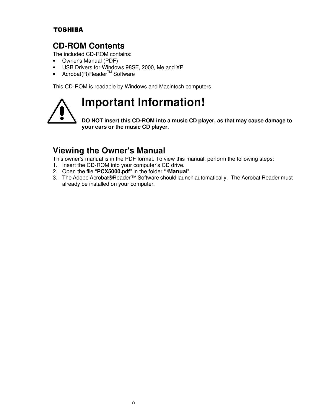 Toshiba PCX5000, P000233790, PCX 5000 owner manual Important Information, CD-ROM Contents 