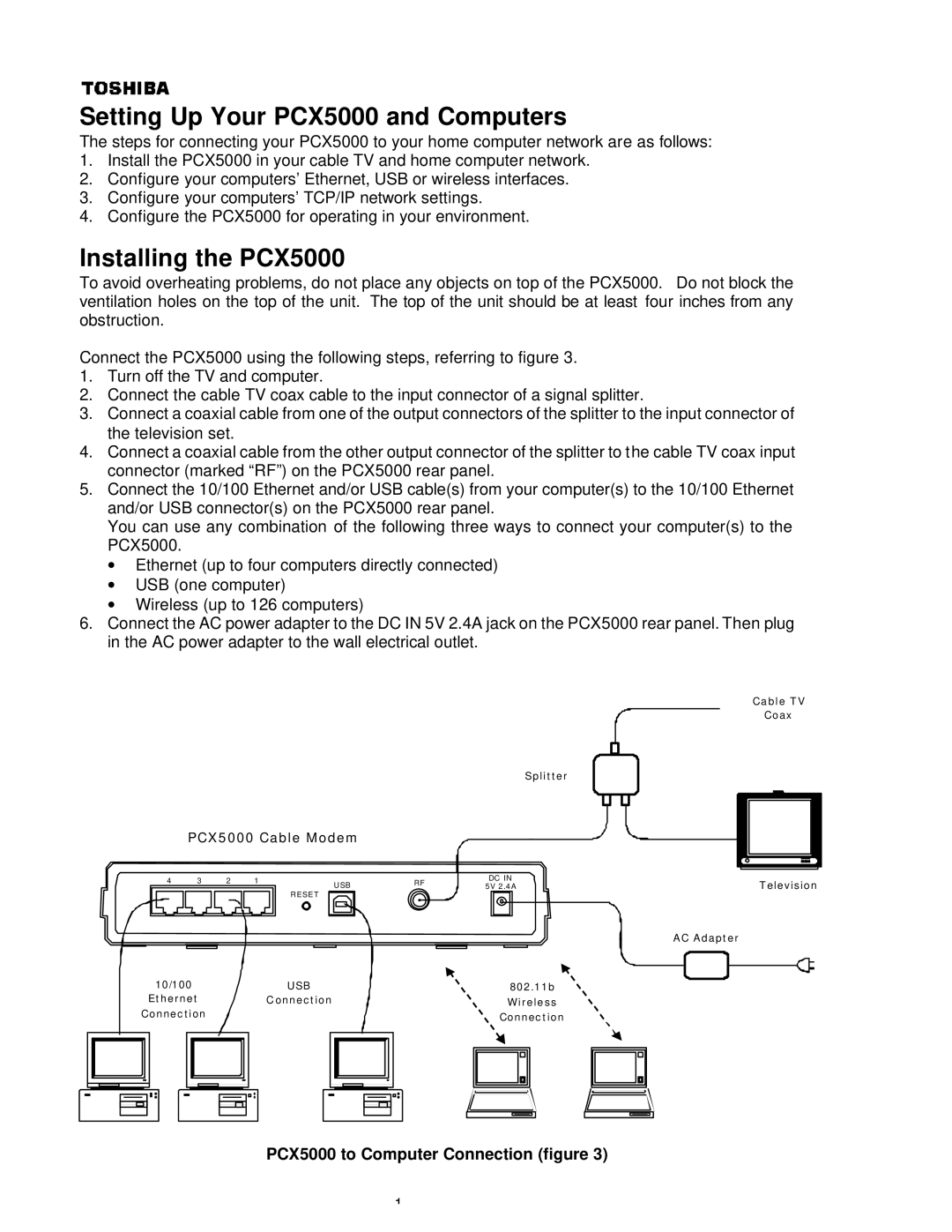 Toshiba PCX 5000 Setting Up Your PCX5000 and Computers, Installing the PCX5000, PCX5000 to Computer Connection figure 