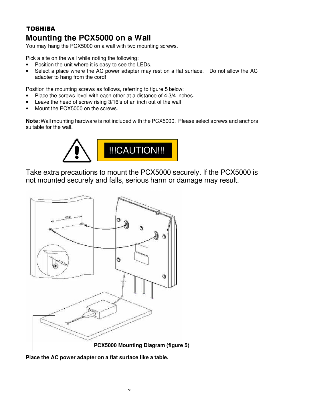 Toshiba P000233790, PCX 5000 owner manual Mounting the PCX5000 on a Wall 