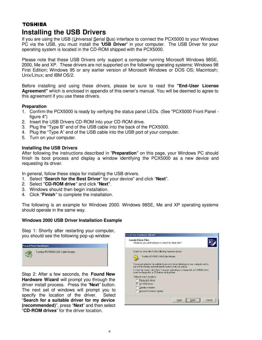 Toshiba P000233790, PCX5000, PCX 5000 Installing the USB Drivers, Preparation, Windows 2000 USB Driver Installation Example 