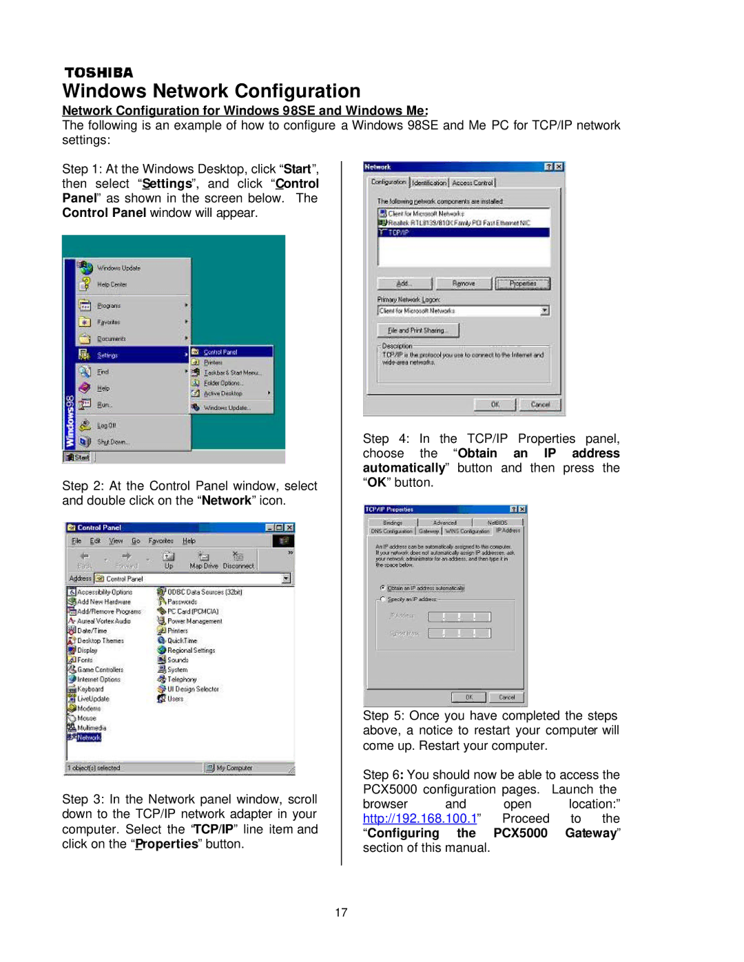 Toshiba PCX 5000, P000233790, PCX5000 Windows Network Configuration, Network Configuration for Windows 98SE and Windows Me 