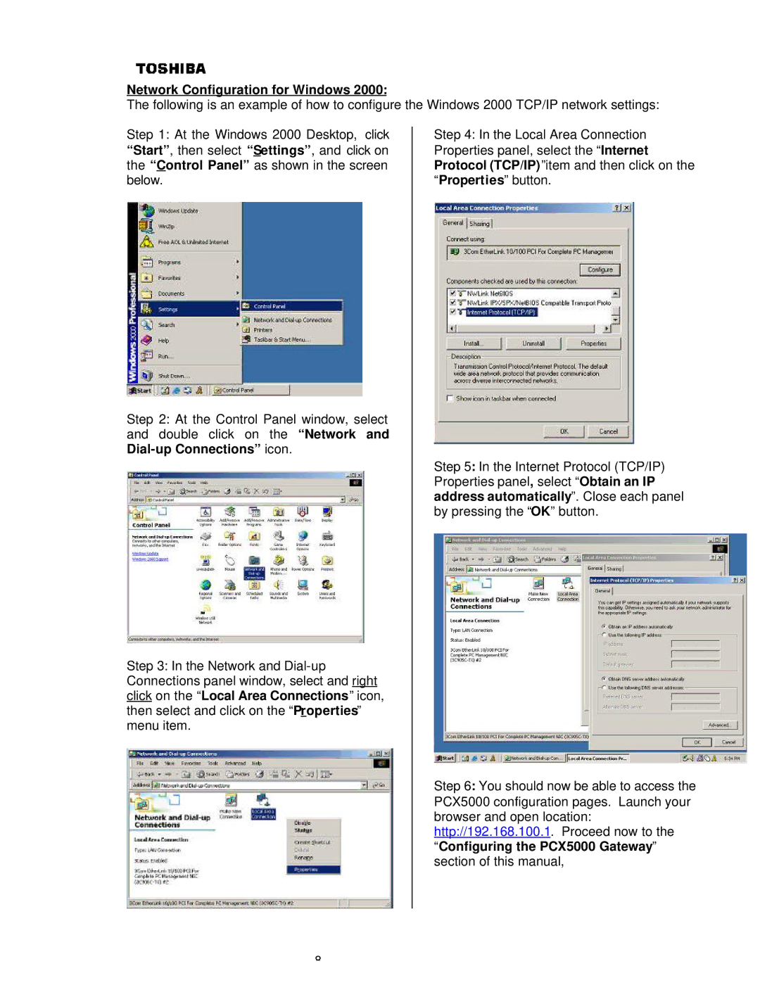 Toshiba P000233790, PCX5000, PCX 5000 owner manual Network Configuration for Windows 