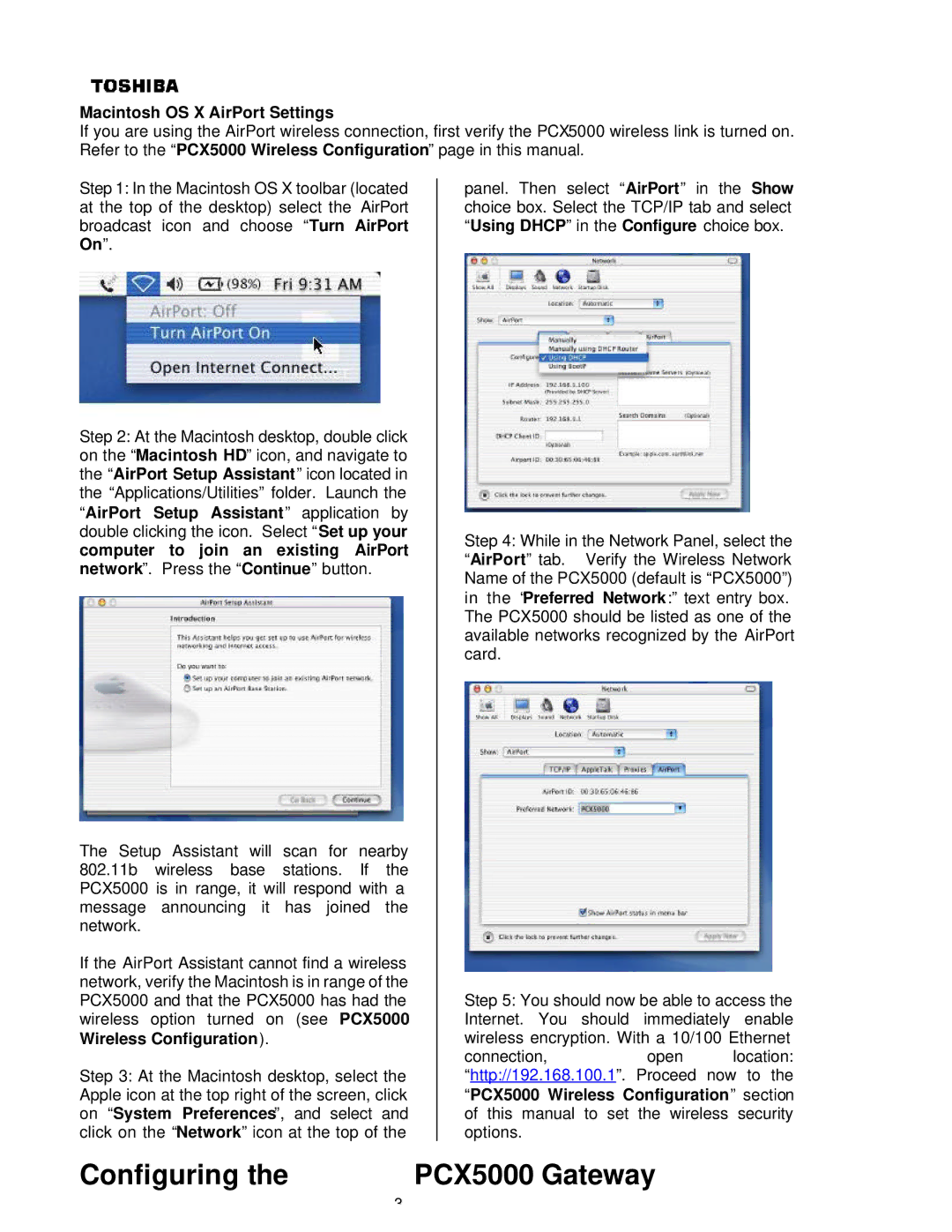 Toshiba PCX 5000, P000233790 owner manual Configuring PCX5000 Gateway, Macintosh OS X AirPort Settings 