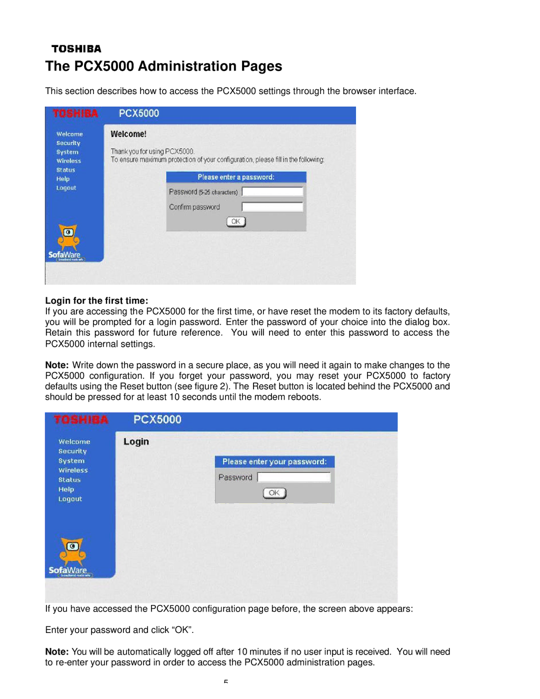 Toshiba P000233790, PCX 5000 owner manual PCX5000 Administration Pages, Login for the first time 