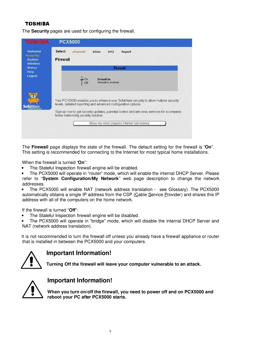 Toshiba P000233790, PCX5000, PCX 5000 owner manual Important Information 