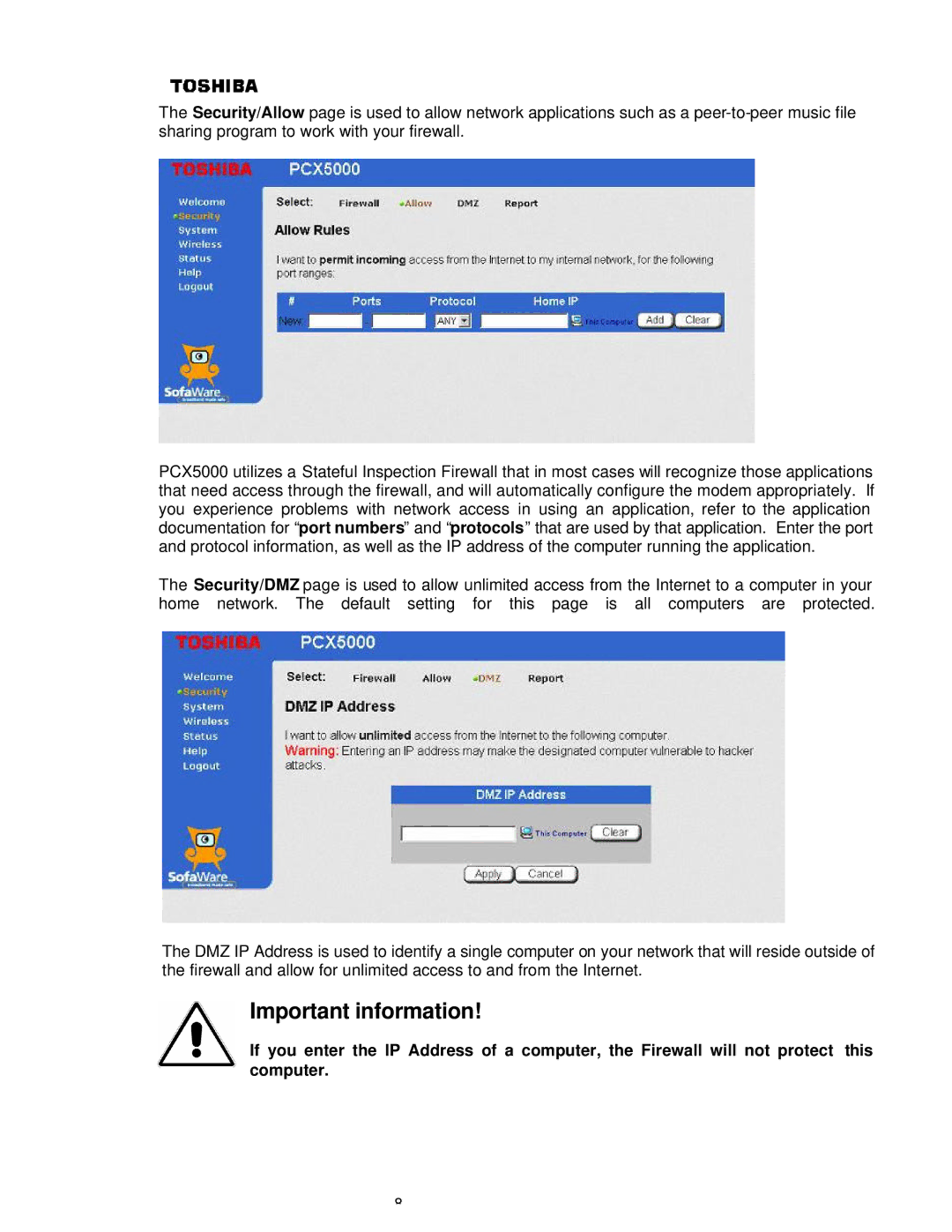 Toshiba PCX5000, P000233790, PCX 5000 owner manual Important information 