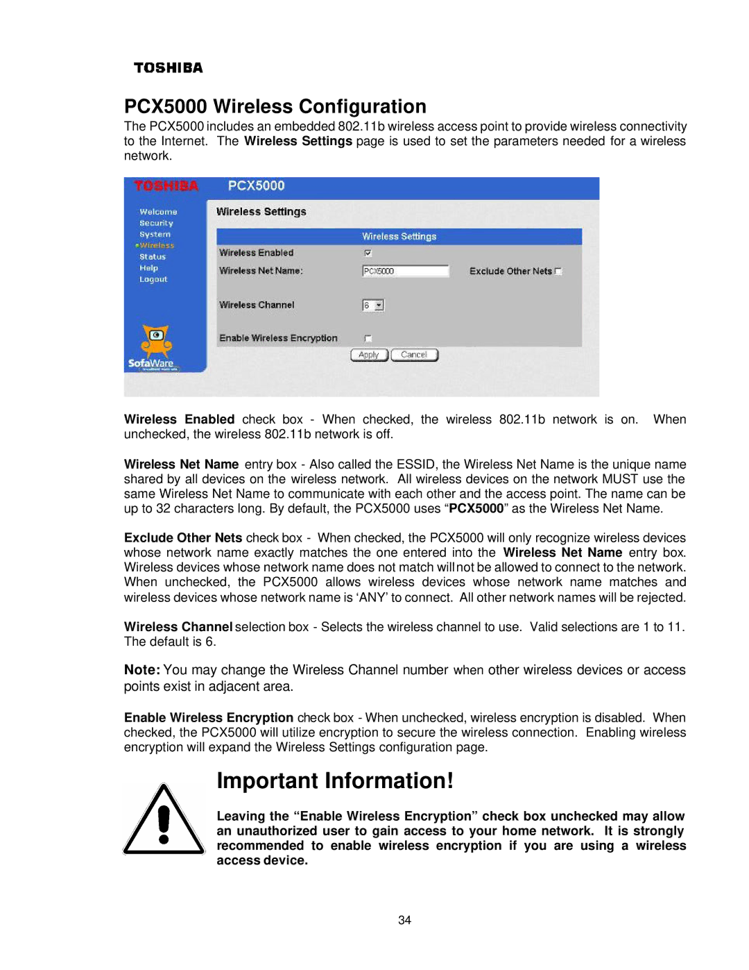 Toshiba P000233790, PCX 5000 owner manual Important Information, PCX5000 Wireless Configuration 