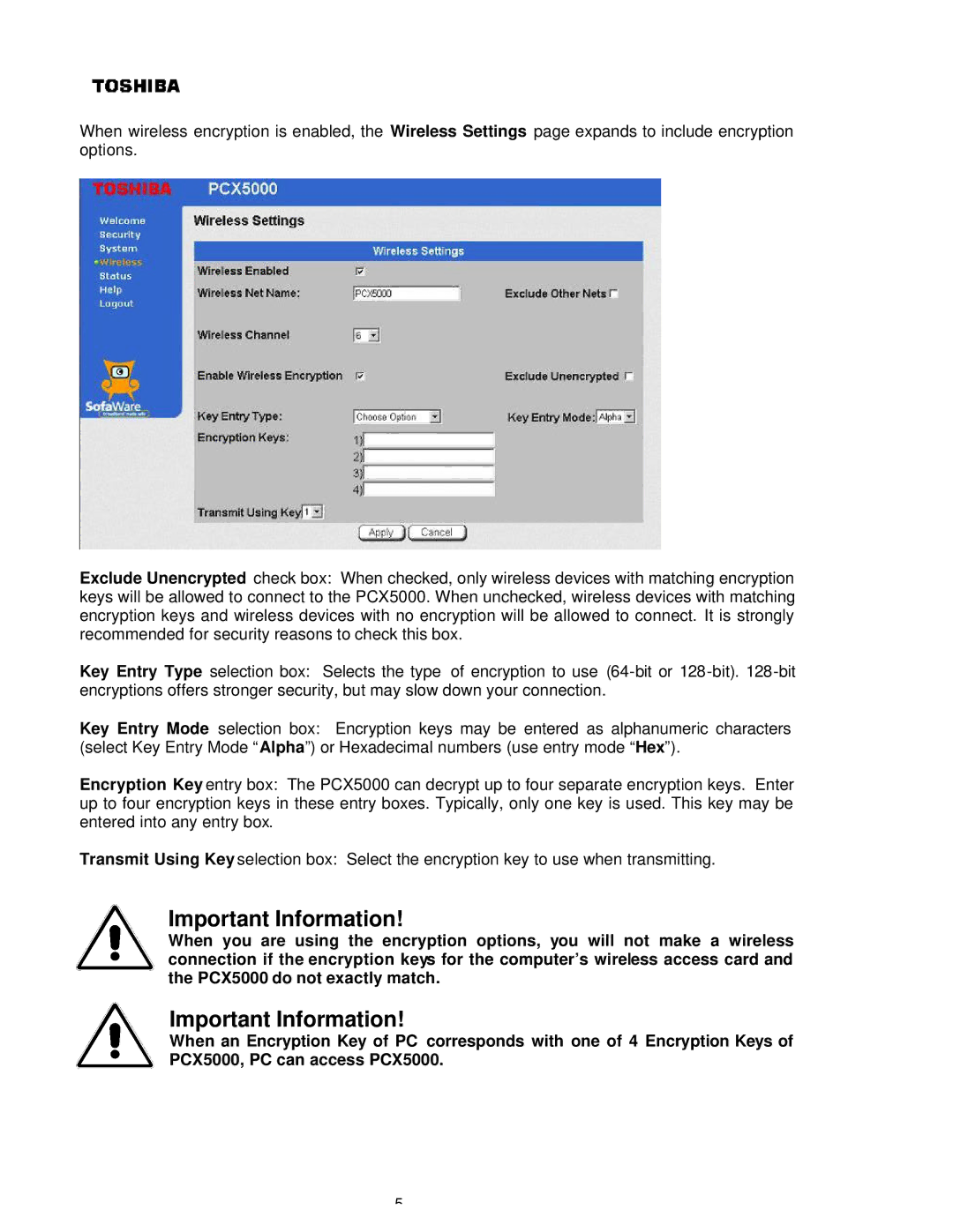 Toshiba PCX 5000, P000233790, PCX5000 owner manual Important Information 