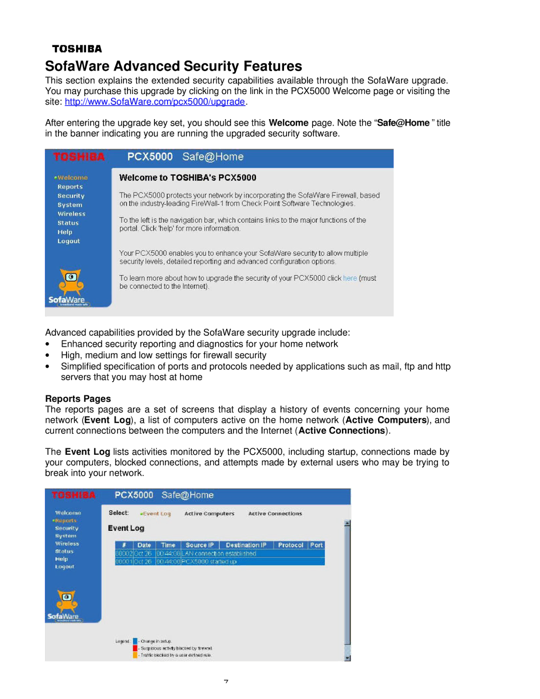 Toshiba PCX5000, P000233790, PCX 5000 owner manual SofaWare Advanced Security Features, Reports Pages 