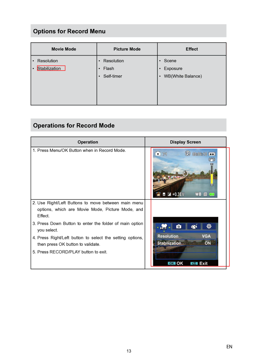 Toshiba P10 user manual Operations for Record Mode, Operation Display Screen 