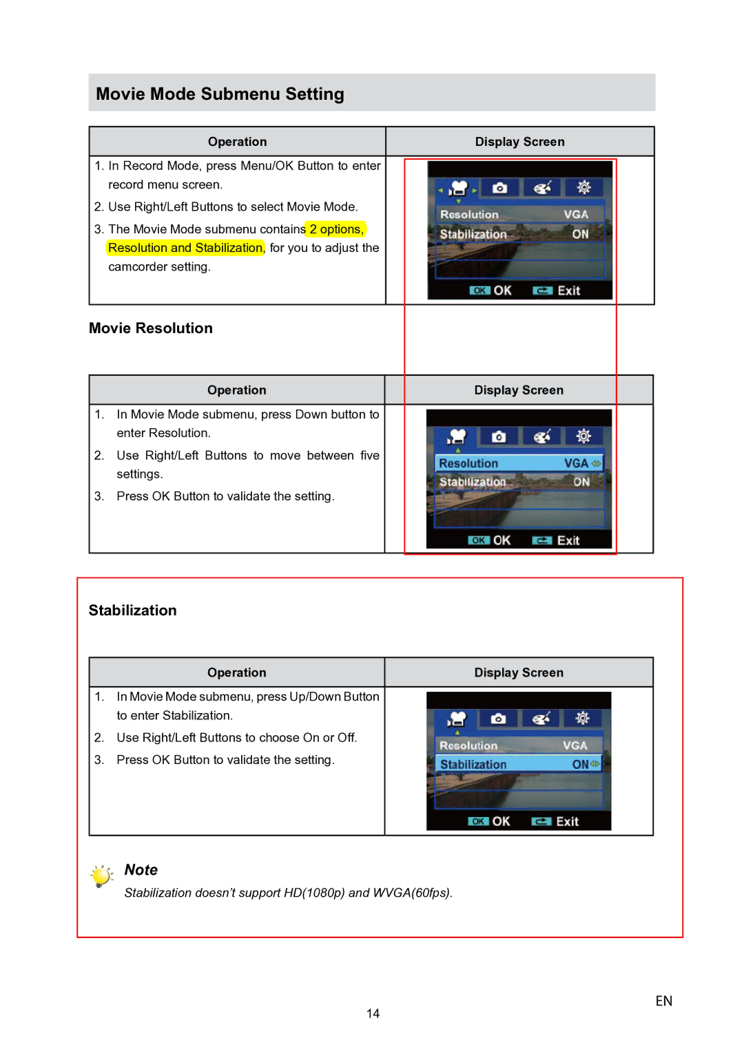 Toshiba P10 user manual Movie Mode Submenu Setting, Movie Resolution, Stabilization 